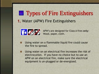 Types of Fire Extinguishers
1. Water (APW) Fire Extinguishers
APW’s are designed for Class A fires only:
Wood, paper, cloth.
Using water on a flammable liquid fire could cause
the fire to spread.
Using water on an electrical fire increases the risk of
electrocution. If you have no choice but to use an
APW on an electrical fire, make sure the electrical
equipment is un-plugged or de-energized.
 