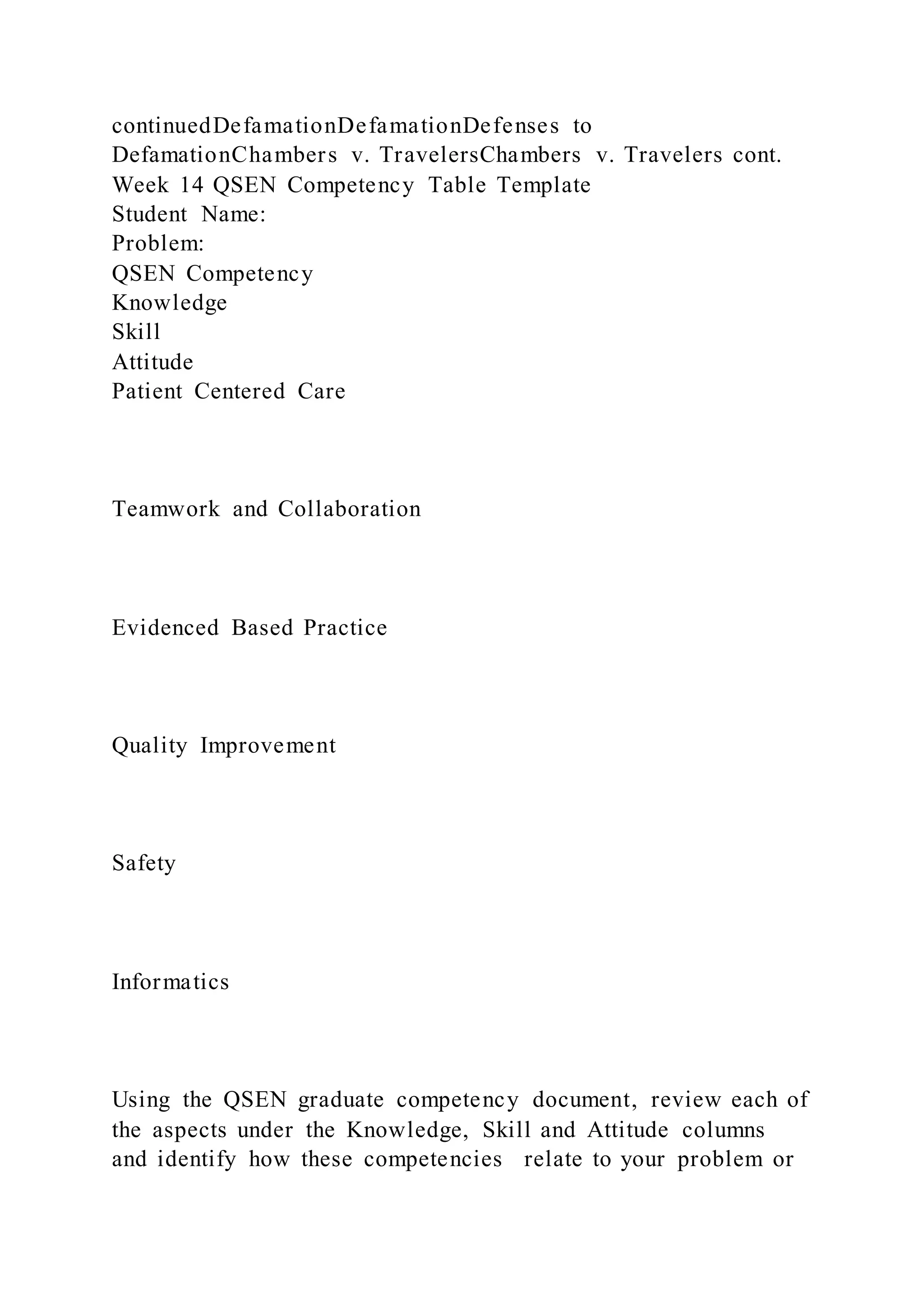 continuedDefamationDefamationDefenses to
DefamationChambers v. TravelersChambers v. Travelers cont.
Week 14 QSEN Competency Table Template
Student Name:
Problem:
QSEN Competency
Knowledge
Skill
Attitude
Patient Centered Care
Teamwork and Collaboration
Evidenced Based Practice
Quality Improvement
Safety
Informatics
Using the QSEN graduate competency document, review each of
the aspects under the Knowledge, Skill and Attitude columns
and identify how these competencies relate to your problem or
 