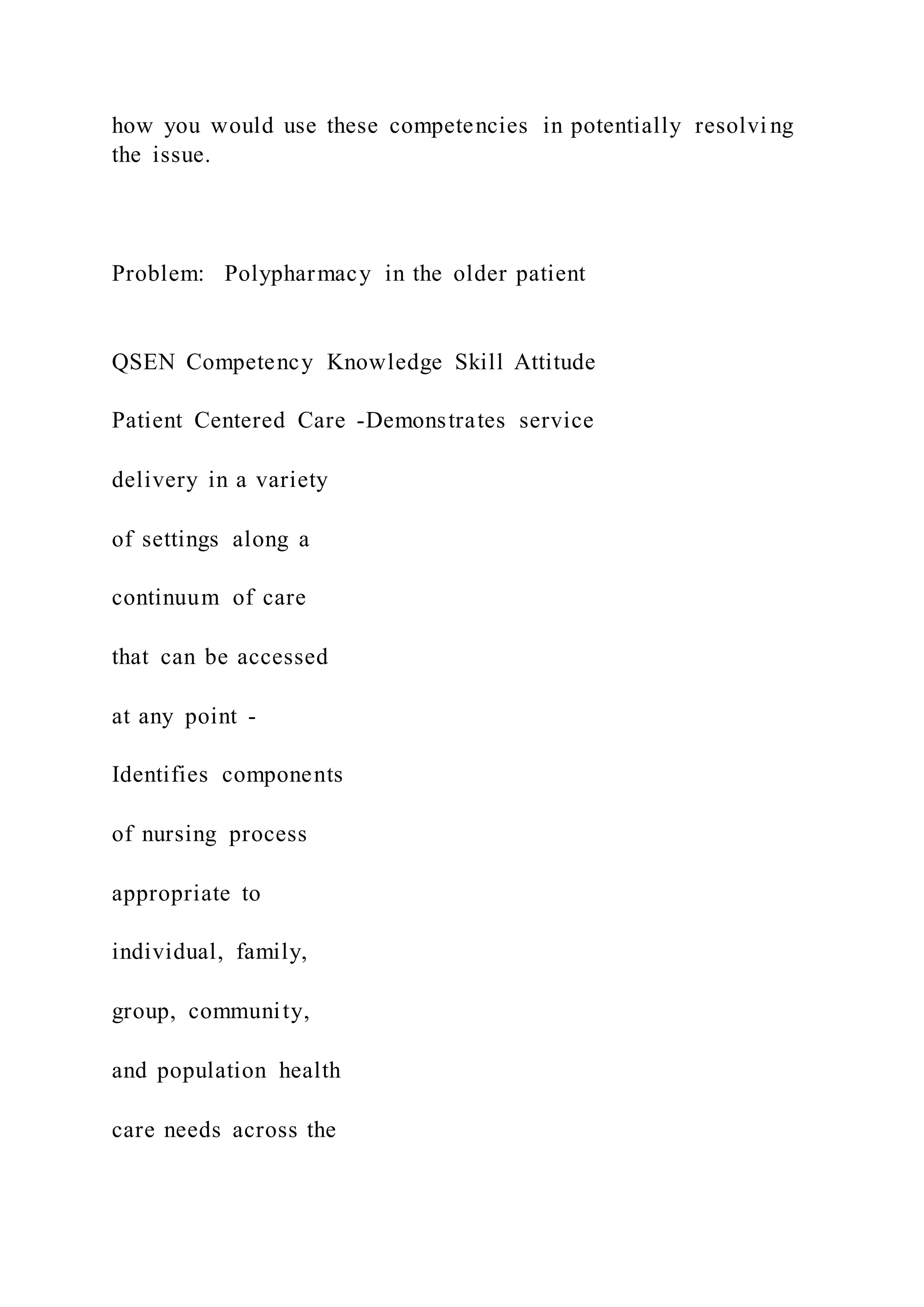 how you would use these competencies in potentially resolvi ng
the issue.
Problem: Polypharmacy in the older patient
QSEN Competency Knowledge Skill Attitude
Patient Centered Care -Demonstrates service
delivery in a variety
of settings along a
continuum of care
that can be accessed
at any point -
Identifies components
of nursing process
appropriate to
individual, family,
group, community,
and population health
care needs across the
 