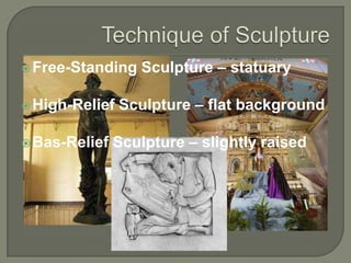  Free-Standing
 High-Relief
 Bas-Relief

Sculpture – statuary

Sculpture – flat background

Sculpture – slightly raised

 