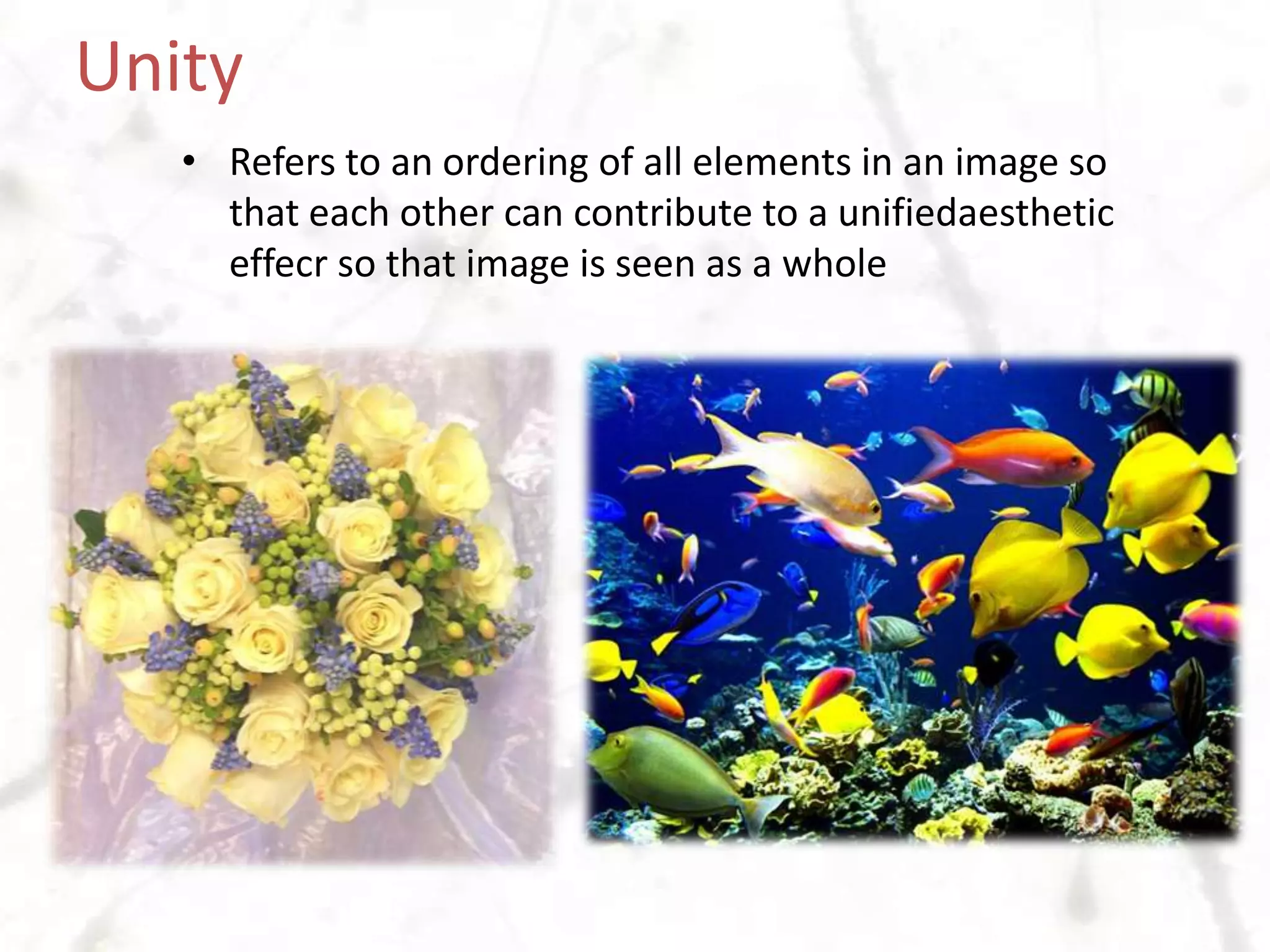 UnityRefers to an ordering of all elements in an image so that each other can contribute to a unifiedaesthetic effecr so that image is seen as a whole