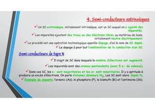 Semi-conducteurs de type N
Un SC extrinsèque, initialement intrinsèque, est un SC auquel on a ajouté des
impuretés.
Les impuretés ajoutent des trous ou des électrons libres au matériau de base,
initialement neutre électriquement.
Le procédé est une opération technologique appelée dopage, d’où le nom de SC dopés.
Le dopage à pour but l’amélioration de la conduction d’un SC.
4. Semi-conducteurs extrinsèques
Il s’agit de SC dans lesquels le nombre d’électrons est augmenté.
Les impuretés sont des atomes pentavalents (avec 5 e- de valence).
Dans ces SC, les e- sont majoritaires et les e+ sont minoritaires. Il y a aptitude à
produire un excès d’électrons. On parle d’atomes donneurs ND. Les SC sont alors dopés N,
Exemple de dopants: l’arsenic (As), le phosphore (P), le bismuth (Bi) et l’antimoine (Sb).
 