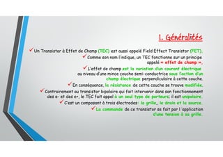 1. Généralités
Un Transistor à Effet de Champ (TEC) est aussi appelé Field Effect Transistor (FET),
Comme son nom l’indique, un TEC fonctionne sur un principe
appelé « effet de champ »,
L’effet de champ est la variation d’un courant électrique
au niveau d’une mince couche semi-conductrice sous l’action d’un
champ électrique perpendiculaire à cette couche.
En conséquence, la résistance de cette couche se trouve modifiée.
Contrairement au transistor bipolaire qui fait intervenir dans son fonctionnement
des e- et des e+, le TEC fait appel à un seul type de porteurs; il est unipolaire.
C’est un composant à trois électrodes: la grille, le drain et la source.
La commande de ce transistor se fait par l ’application
d’une tension à sa grille.
 
