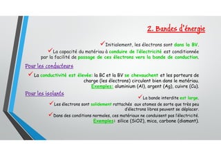 La conductivité est élevée: la BC et la BV se chevauchent et les porteurs de
charge (les électrons) circulent bien dans le matériau.
Exemples: aluminium (Al), argent (Ag), cuivre (Cu).
Initialement, les électrons sont dans la BV.
La capacité du matériau à conduire de l’électricité est conditionnée
par la facilité de passage de ces électrons vers la bande de conduction.
Pour les conducteurs
Pour les isolants
La bande interdite est large.
Les électrons sont solidement rattachés aux atomes de sorte que très peu
d’électrons libres peuvent se déplacer.
Dans des conditions normales, ces matériaux ne conduisent pas l’électricité.
Exemples: silice (SiO2), mica, carbone (diamant).
2. Bandes d’énergie
 