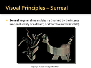 <ul><li>Surreal  in general means bizarre (marked by the intense irrational reality of a dream) or dreamlike (unbelievable...