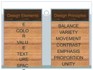 LINE
Design Elements   Design Principles
    SHAP
       E            BALANCE
    COLO            VARIETY
       R
                   MOVEMENT
     VALU
                   CONTRAST
       E
                   EMPHASIS
     TEXT
      URE         PROPORTION
    SPAC             UNITY
 