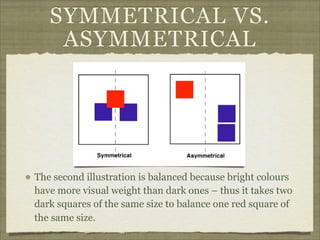 SYMMETRICAL VS.
    ASYMMETRICAL




The second illustration is balanced because bright colours
have more visual weight than dark ones – thus it takes two
dark squares of the same size to balance one red square of
the same size.
 