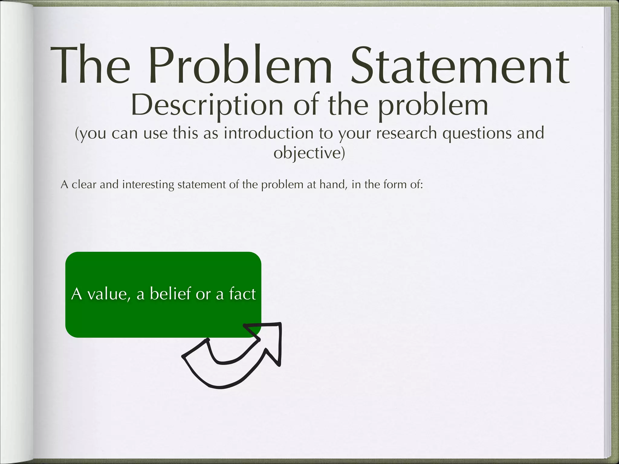 The Problem Statement
Description of the problem  

(you can use this as introduction to your research questions and
objective)
A clear and interesting statement of the problem at hand, in the form of:

A value, a belief or a fact

 