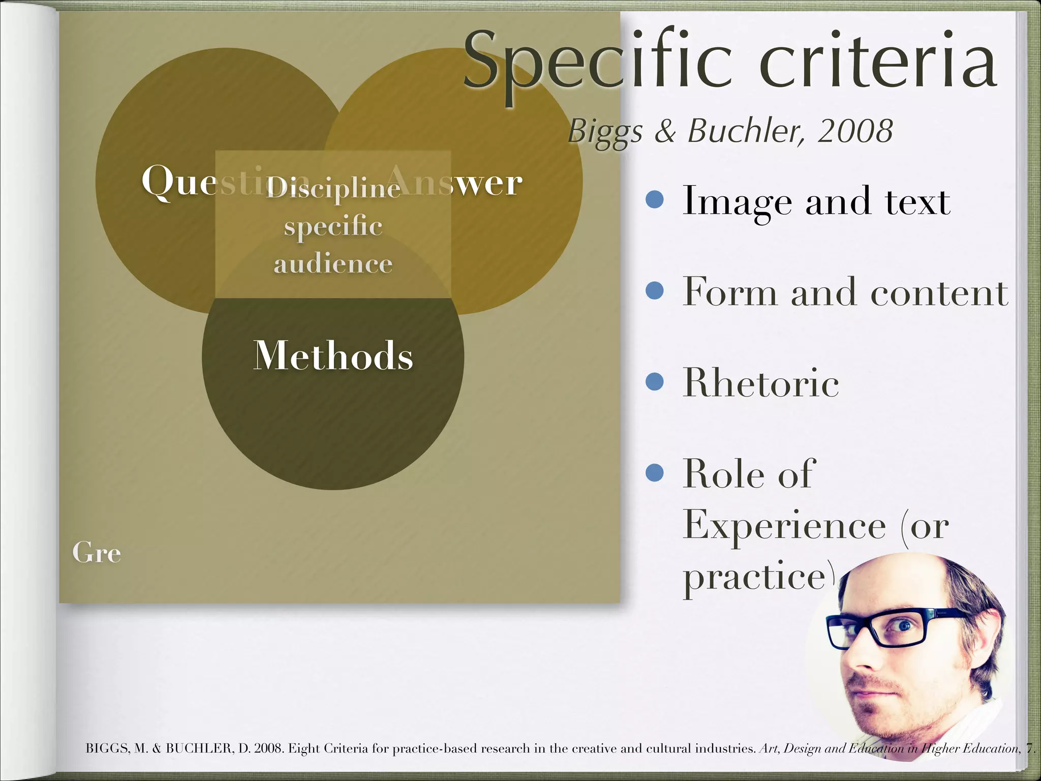 Speciﬁc criteria
Biggs & Buchler, 2008

Question
Answer
Discipline
speciﬁc
audience

Methods

• Image and text
• Form and content
• Rhetoric
• Role of

Gre

Experience (or
practice)

BIGGS, M. & BUCHLER, D. 2008. Eight Criteria for practice-based research in the creative and cultural industries. Art, Design and Education in Higher Education, 7.

 