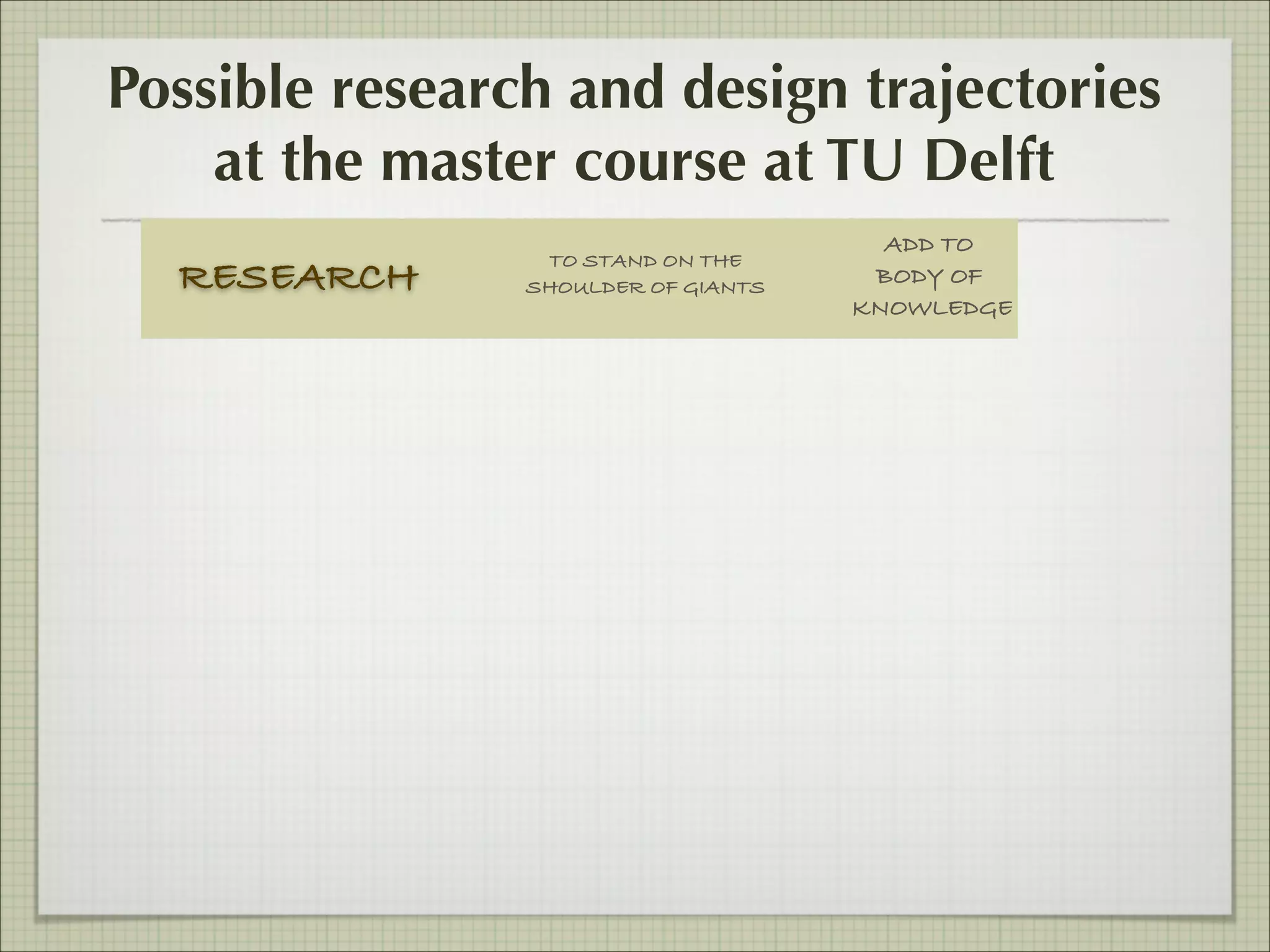 Possible research and design trajectories
at the master course at TU Delft
RESEARCH

TO STAND ON THE
SHOULDER OF GIANTS

ADD TO
BODY OF
KNOWLEDGE

 