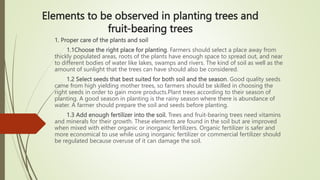 Elements to be observed in planting trees and
fruit-bearing trees
1. Proper care of the plants and soil
1.1Choose the right place for planting. Farmers should select a place away from
thickly populated areas, roots of the plants have enough space to spread out, and near
to different bodies of water like lakes, swamps and rivers. The kind of soil as well as the
amount of sunlight that the trees can have should also be considered.
1.2 Select seeds that best suited for both soil and the season. Good quality seeds
came from high yielding mother trees, so farmers should be skilled in choosing the
right seeds in order to gain more products.Plant trees according to their season of
planting. A good season in planting is the rainy season where there is abundance of
water. A farmer should prepare the soil and seeds before planting.
1.3 Add enough fertilizer into the soil. Trees and fruit-bearing trees need vitamins
and minerals for their growth. These elements are found in the soil but are improved
when mixed with either organic or inorganic fertilizers. Organic fertilizer is safer and
more economical to use while using inorganic fertilizer or commercial fertilizer should
be regulated because overuse of it can damage the soil.
 