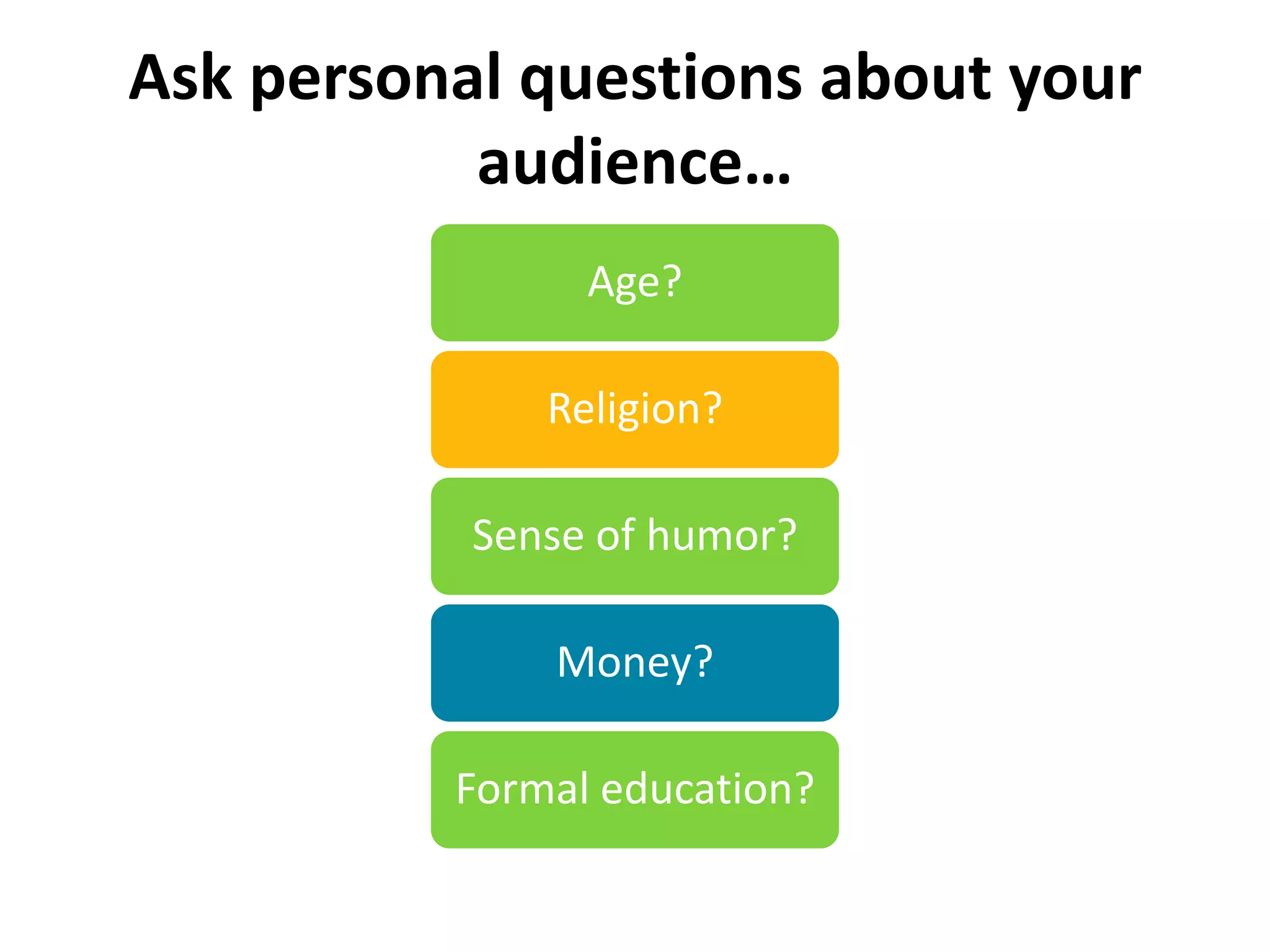 Ask personal questions about your
           audience…
                Age?

              Religion?

           Sense of humor?

              Money?

          Formal education?
 