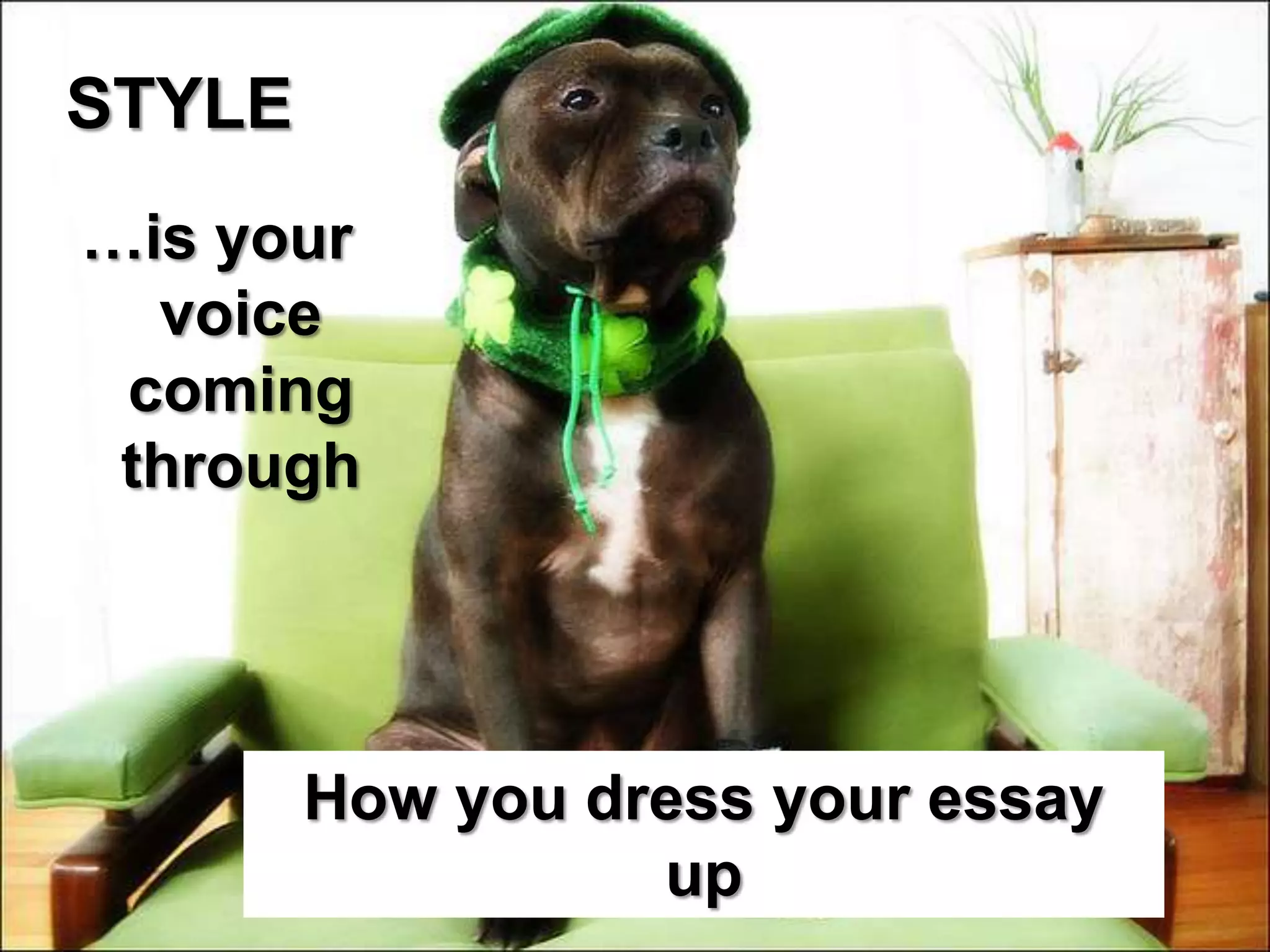 STYLE
…is your
  voice
 coming
 through




        How you dress your essay
                  up
 