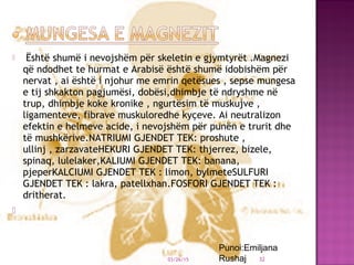   Është shumë i nevojshëm për skeletin e gjymtyrët .Magnezi
që ndodhet te hurmat e Arabisë është shumë idobishëm për
nervat , ai është i njohur me emrin qetësues , sepse mungesa
e tij shkakton pagjumësi, dobësi,dhimbje të ndryshme në
trup, dhimbje koke kronike , ngurtësim të muskujve ,
ligamenteve, fibrave muskuloredhe kyçeve. Ai neutralizon
efektin e helmeve acide, i nevojshëm për punën e trurit dhe
të mushkërive.NATRIUMI GJENDET TEK: proshute ,
ullinj , zarzavateHEKURI GJENDET TEK: thjerrez, bizele,
spinaq, lulelaker,KALIUMI GJENDET TEK: banana,
pjeperKALCIUMI GJENDET TEK : limon, bylmeteSULFURI
GJENDET TEK : lakra, patellxhan.FOSFORI GJENDET TEK :
dritherat.
  
03/26/15 32
Punoi:Emiljana
Rushaj
 