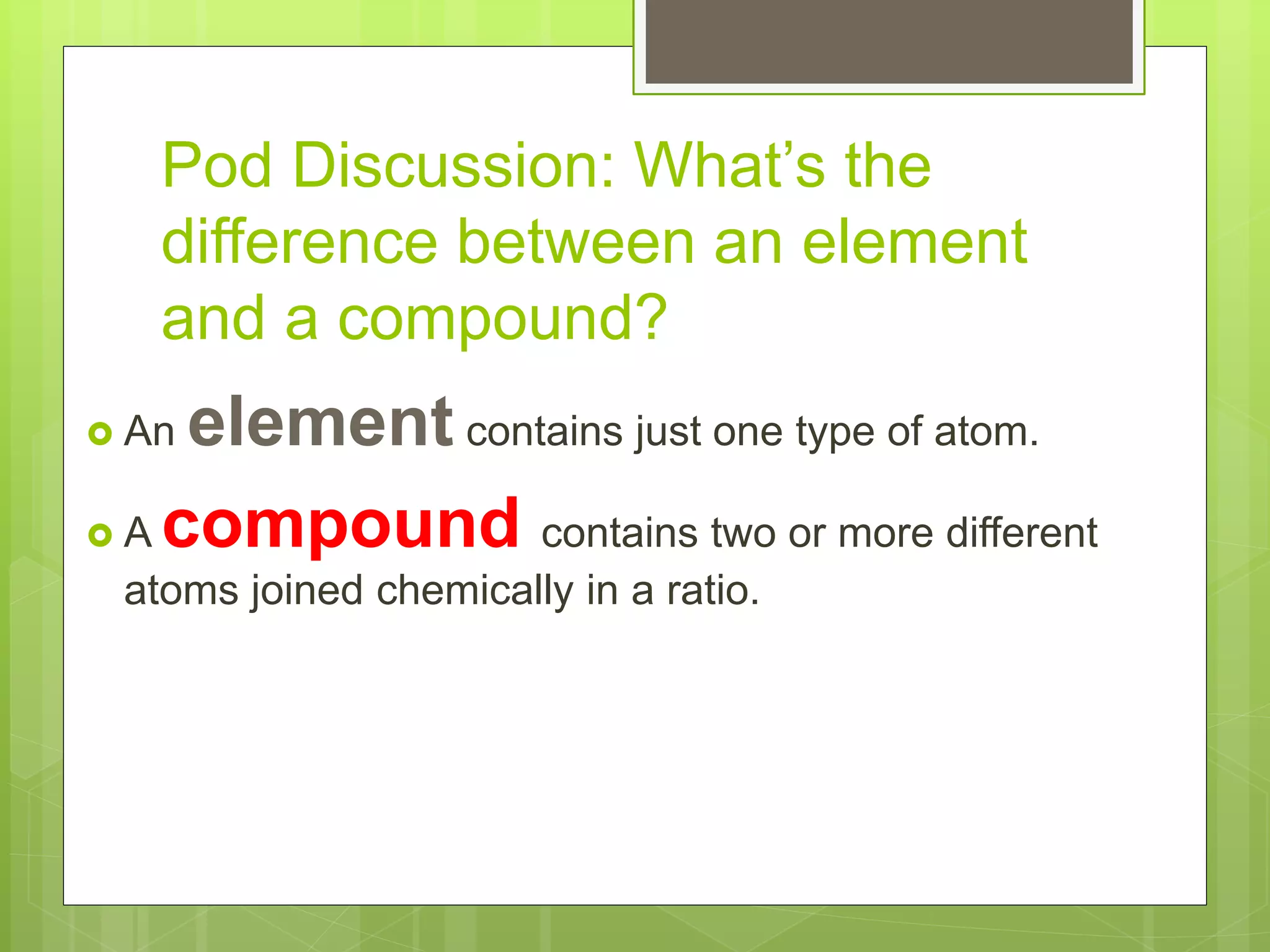 Pod Discussion: What’s the
difference between an element
and a compound?
 An element contains just one type of atom.
 A compound contains two or more different
atoms joined chemically in a ratio.
 