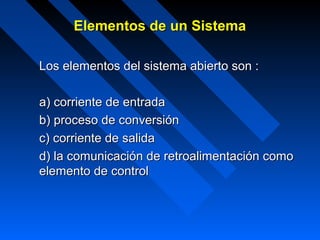 Elementos de un Sistema

Los elementos del sistema abierto son :

a) corriente de entrada
b) proceso de conversión
c) corriente de salida
d) la comunicación de retroalimentación como
elemento de control
 