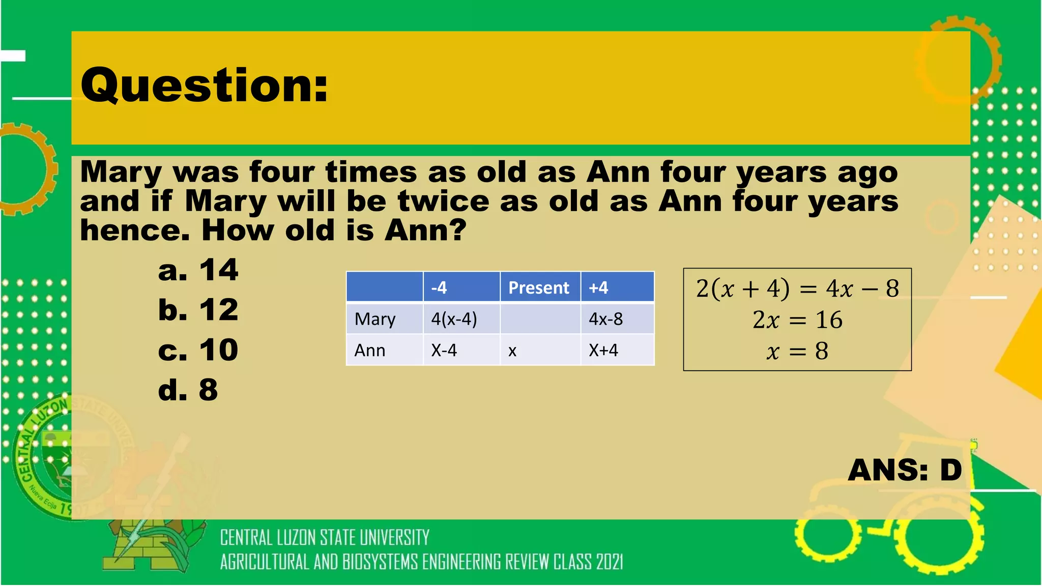 Question:
Mary was four times as old as Ann four years ago
and if Mary will be twice as old as Ann four years
hence. How old is Ann?
a. 14
b. 12
c. 10
d. 8
ANS: D
-4 Present +4
Mary 4(x-4) 4x-8
Ann X-4 x X+4
2 𝑥 + 4 = 4𝑥 − 8
2𝑥 = 16
𝑥 = 8
 