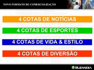 NOVO FORMATO DE COMERCIALIZAÇÃO NOTICIAS 4 COTAS DE NOTÍCIAS ESPORTES ESPORTES 4 COTAS DE ESPORTES VIDA & ESTILO VIDA & ESTILO VIDA & ESTILO 4 COTAS DE VIDA & ESTILO DIVERSÃO DIVERSÃO DIVERSÃO 4 COTAS DE DIVERSÃO 