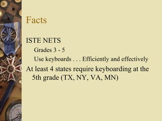 Facts
ISTE NETS
  Grades 3 - 5
  Use keyboards . . . Efficiently and effectively
At least 4 states require keyboarding at the
 5th grade (TX, NY, VA, MN)
 