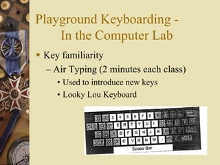 Playground Keyboarding -
    In the Computer Lab
 Key familiarity
  – Air Typing (2 minutes each class)
     • Used to introduce new keys
     • Looky Lou Keyboard
 