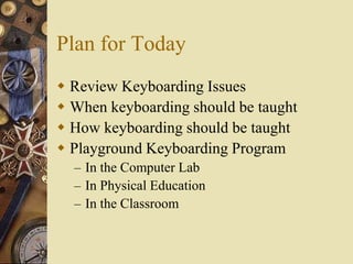 Plan for Today
 Review Keyboarding Issues
 When keyboarding should be taught
 How keyboarding should be taught
 Playground Keyboarding Program
  – In the Computer Lab
  – In Physical Education
  – In the Classroom
 