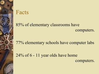 Facts
85% of elementary classrooms have
                               computers.

77% elementary schools have computer labs

24% of 6 - 11 year olds have home
                                computers.
 