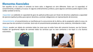 Elementos Esenciales
Son aquellos sin los cuales el contrato no tiene valor, o degenera en otro diferente. Estos son: la capacidad, el
consentimiento, el objeto y la causa. En algunos ordenamientos jurídicos y para algunos contratos puede exigirse como
validez también la forma.
-Capacidad: se subdivide en capacidad de goce (la aptitud jurídica para ser titular de derechos subjetivos) y capacidad
de ejercicio (aptitud jurídica para ejercer derechos y contraer obligaciones sin representación de terceros).
-Consentimiento: el consentimiento se manifiesta por la concurrencia de la oferta y de la aceptación sobre la cosa y la
causa que han de constituir el contrato. Será nulo el consentimiento prestado por error, violencia, intimidación o dolo.
-Objeto: pueden ser objeto de contratos todas las cosas que no están fuera del comercio humano, aun las futuras.
Pueden ser igualmente objeto de contrato todos los servicios que no sean contrarios a las leyes o a las buenas
costumbres.
 