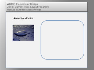 WD132: Elements of Design
Unit 8: Current Page Layout Programs
Module 4: Adobe Stock Photos
Adobe Stock Photos
 