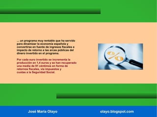 ... un programa muy rentable que ha servido
para dinamizar la economía española y
convertirse en fuente de ingresos fiscales e
impacto de retorno a las arcas públicas del
dinero invertido en el programa.
Por cada euro invertido se incrementa la
producción en 1,4 euros y se han recuperado
una media de 91 céntimos en forma de
retornos fiscales, vía impuestos y
cuotas a la Seguridad Social.

José María Olayo

olayo.blogspot.com

 