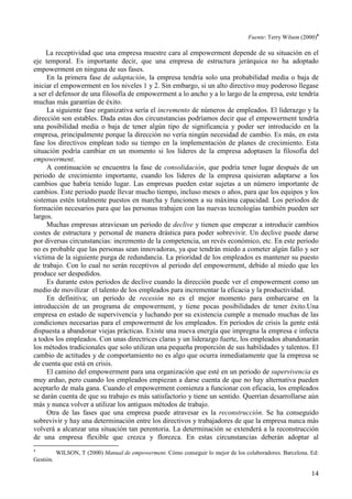 14
Fuente: Terry Wilson (2000)4
La receptividad que una empresa muestre cara al empowerment depende de su situación en el
eje temporal. Es importante decir, que una empresa de estructura jerárquica no ha adoptado
empowerment en ninguna de sus fases.
En la primera fase de adaptación, la empresa tendría solo una probabilidad media o baja de
iniciar el empowerment en los niveles 1 y 2. Sin embargo, si un alto directivo muy poderoso llegase
a ser el defensor de una filosofía de empowerment a lo ancho y a lo largo de la empresa, este tendría
muchas más garantías de éxito.
La siguiente fase organizativa sería el incremento de números de empleados. El liderazgo y la
dirección son estables. Dada estas dos circunstancias podríamos decir que el empowerment tendría
una posibilidad media o baja de tener algún tipo de significancia y poder ser introducido en la
empresa, principalmente porque la dirección no vería ningún necesidad de cambio. Es más, en esta
fase los directivos emplean todo su tiempo en la implementación de planes de crecimiento. Esta
situación podría cambiar en un momento si los líderes de la empresa adoptasen la filosofía del
empowerment.
A continuación se encuentra la fase de consolidación, que podría tener lugar después de un
periodo de crecimiento importante, cuando los líderes de la empresa quisieran adaptarse a los
cambios que habría tenido lugar. Las empresas pueden estar sujetas a un número importante de
cambios. Este periodo puede llevar mucho tiempo, incluso meses o años, para que los equipos y los
sistemas estén totalmente puestos en marcha y funcionen a su máxima capacidad. Los periodos de
formación necesarios para que las personas trabajen con las nuevas tecnologías también pueden ser
largos.
Muchas empresas atraviesan un periodo de declive y tienen que empezar a introducir cambios
costes de estructura y personal de manera drástica para poder sobrevivir. Un declive puede darse
por diversas circunstancias: incremento de la competencia, un revés económico, etc. En este periodo
no es probable que las personas sean innovadoras, ya que tendrán miedo a cometer algún fallo y ser
víctima de la siguiente purga de redundancia. La prioridad de los empleados es mantener su puesto
de trabajo. Con lo cual no serán receptivos al periodo del empowerment, debido al miedo que les
produce ser despedidos.
Es durante estos periodos de declive cuando la dirección puede ver el empowerment como un
medio de movilizar el talento de los empleados para incrementar la eficacia y la productividad.
En definitiva; un periodo de recesión no es el mejor momento para embarcarse en la
introducción de un programa de empowerment, y tiene pocas posibilidades de tener éxito.Una
empresa en estado de supervivencia y luchando por su existencia cumple a menudo muchas de las
condiciones necesarias para el empowerment de los empleados. En periodos de crisis la gente está
dispuesta a abandonar viejas prácticas. Existe una nueva energía que impregna la empresa e infecta
a todos los empleados. Con unas directrices claras y un liderazgo fuerte, los empleados abandonarán
los métodos tradicionales que solo utilizan una pequeña proporción de sus habilidades y talentos. El
cambio de actitudes y de comportamiento no es algo que ocurra inmediatamente que la empresa se
de cuenta que está en crisis.
El camino del empowerment para una organización que esté en un periodo de supervivencia es
muy arduo, pero cuando los empleados empiezan a darse cuenta de que no hay alternativa pueden
aceptarlo de mala gana. Cuando el empowerment comienza a funcionar con eficacia, los empleados
se darán cuenta de que su trabajo es más satisfactorio y tiene un sentido. Querrían desarrollarse aún
más y nunca volver a utilizar los antiguos métodos de trabajo.
Otra de las fases que una empresa puede atravesar es la reconstrucción. Se ha conseguido
sobrevivir y hay una determinación entre los directivos y trabajadores de que la empresa nunca más
volverá a alcanzar una situación tan perentoria. La determinación se extenderá a la reconstrucción
de una empresa flexible que crezca y florezca. En estas circunstancias deberán adoptar al
4
WILSON, T (2000) Manual de empowerment. Cómo conseguir lo mejor de los colaboradores. Barcelona. Ed:
Gestión.
 