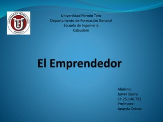 Alumno:
Joiver Sierra
Cl: 25.146.791
Profesora:
Anayda Ochoa
Universidad Fermín Toro
Departamento de Formación General
Escuela de Ingeniería
Cabudare
 