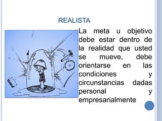 REALISTA
La meta u objetivo
debe estar dentro de
la realidad que usted
se mueve, debe
orientarse en las
condiciones y
circunstancias dadas
personal y
empresarialmente
 