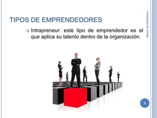 TIPOS DE EMPRENDEDORES
UniversidaddeOriente
3
 Intrapreneur: este tipo de emprendedor es el
que aplica su talento dentro de la organización.
 