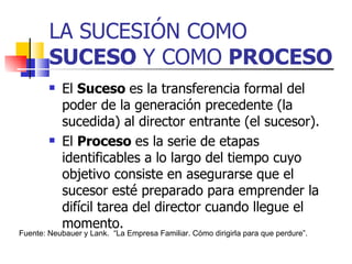 LA SUCESIÓN COMO
        SUCESO Y COMO PROCESO
           El Suceso es la transferencia formal del
            poder de la generación precedente (la
            sucedida) al director entrante (el sucesor).
           El Proceso es la serie de etapas
            identificables a lo largo del tiempo cuyo
            objetivo consiste en asegurarse que el
            sucesor esté preparado para emprender la
            difícil tarea del director cuando llegue el
            momento.
Fuente: Neubauer y Lank. “La Empresa Familiar. Cómo dirigirla para que perdure”.
 