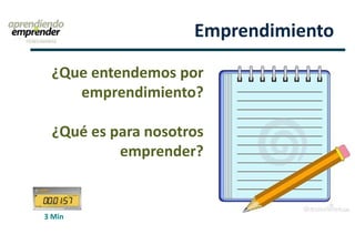 Emprendimiento
¿Que entendemos por
emprendimiento?
¿Qué es para nosotros
emprender?
3 Min
 