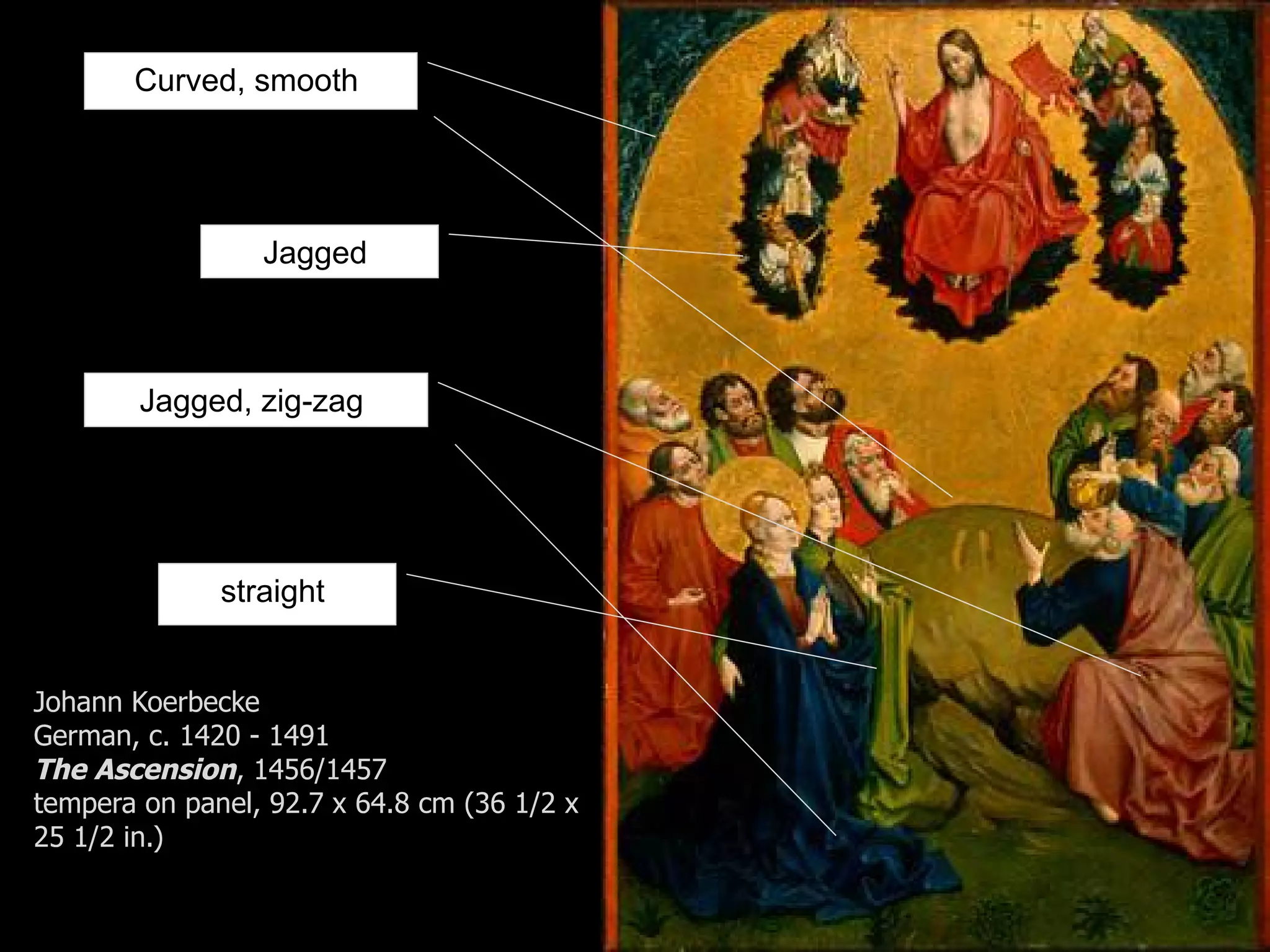 Johann Koerbecke
German, c. 1420 - 1491
The Ascension, 1456/1457
tempera on panel, 92.7 x 64.8 cm (36 1/2 x
25 1/2 in.)
Curved, smooth
Jagged
Jagged, zig-zag
straight
 