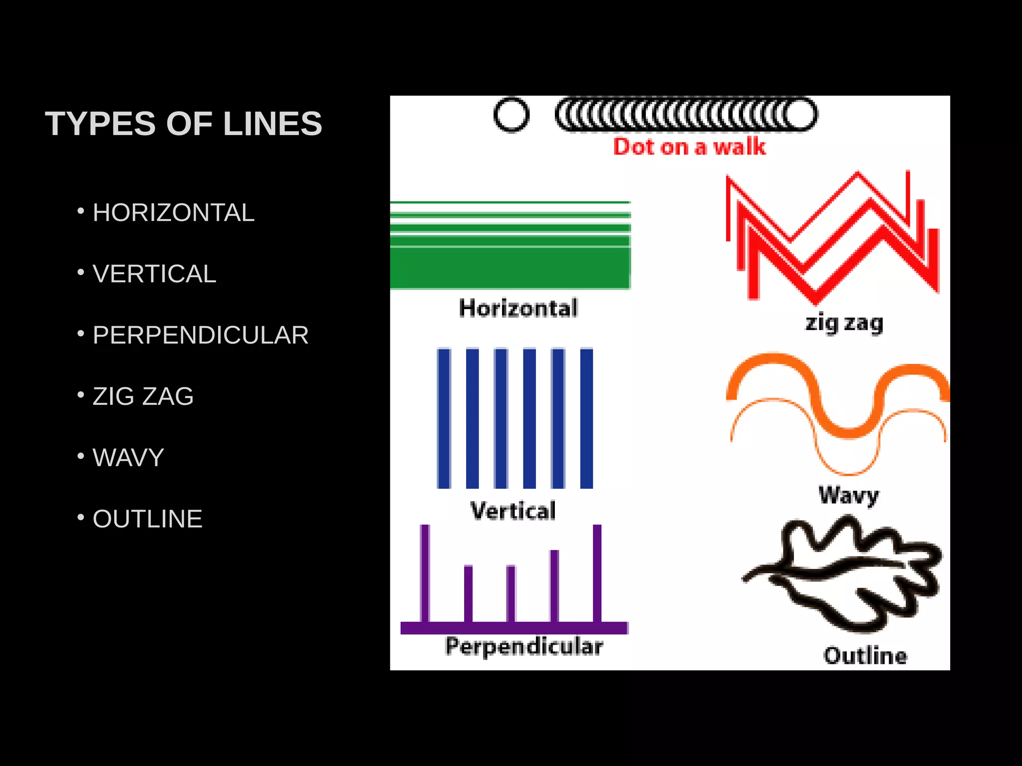 • HORIZONTAL
• VERTICAL
• PERPENDICULAR
• ZIG ZAG
• WAVY
• OUTLINE
TYPES OF LINES
 