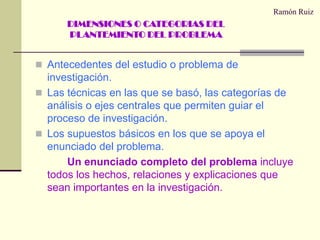 Ramón RuizAntecedentes del estudio o problema de investigación.Las técnicas en las que se basó, las categorías de análisis o ejes centrales que permiten guiar el proceso de investigación.Los supuestos básicos en los que se apoya el enunciado del problema.Un enunciado completo del problema incluye todos los hechos, relaciones y explicaciones que sean importantes en la investigación.DIMENSIONES O CATEGORIAS DEL PLANTEMIENTO DEL PROBLEMA