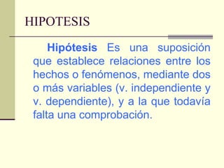 HIPOTESISHipótesis Es una suposición que establece relaciones entre los hechos o fenómenos, mediante dos o más variables (v. independiente y v. dependiente), y a la que todavía falta una comprobación.