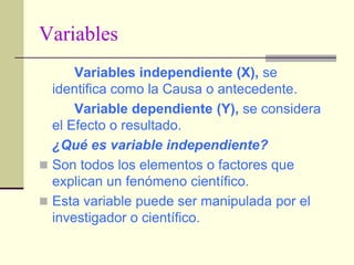 Variables		Variables independiente (X), se identifica como la Causa o antecedente.		Variable dependiente (Y), se considera el Efecto o resultado.	¿Qué es variable independiente?Son todos los elementos o factores que explican un fenómeno científico.Esta variable puede ser manipulada por el investigador o científico.