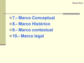 Ramón Ruiz11.- MetodologíaLa metodología es un procedimiento general para obtener de una manera más precisa el objetivo de la investigación, dependiendo de la problemática que se vaya a estudiar se determina el tipo de investigación, es decir:12.- Bibliografía