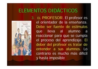 ELEMENTOS DIDÁCTICOS
3.

PROFESOR.
PROFESOR. El profesor es
el orientador de la enseñanza.
enseñanza.
Debe ser fuente de estímulos
que lleva al alumno a
reaccionar para que se cumpla
el proceso del aprendizaje. El
aprendizaje.
deber del profesor es tratar de
entender a sus alumnos. Lo
alumnos.
contrario es mucho más difícil
y hasta imposible
EL

 