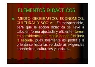 ELEMENTOS DIDÁCTICOS
6. MEDIO GEOGRÁFICO, ECONÓMICO.
ECONÓMICO.
CULTURAL Y SOCIAL. Es indispensable,
SOCIAL.
para que la acción didáctica se lleve a
cabo en forma ajustada y eficiente, tomar
eficiente,
en consideración el medio donde funciona
la escuela, pues solamente así podrá ella
orientarse hacia las verdaderas exigencias
económicas, culturales y sociales.
sociales.

 