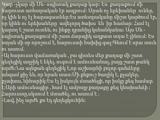 Կար -չկար մի Սև- սպիտակ քաղաք կար: Էս քաղաքում մի
հարուստ առևտրական էր ապրում: Սրան ոչ երեխաներ ուներ,
ոչ կին և ոչ էլ հարազատներ:Էս առևտրականը միշտ կարծում էր,
որ կինն ու երեխաները ավելորդ ծախս են իր համար: Համ էլ
կարող է շատ ուտեն, ու ինքը դրանից կսնանկանա: Այս Սև -
սպիտակ քաղաքում մի շատ ճարպիկ աղքատ տղա է լինում: Էս
տղան մի օր որոշում է, հարուստի հախից գալ:Գնում է սրա տուն
ու ասում.
-Այ հարուստ վաճառական , բա գիտես մեր քաղաք մի շատ
գեղեցիկ աղջիկ է եկել, ուզում է ամուսնանալ, բայց շատ թանկ
արժե:Նա այնքան գեղեցիկ է,որ աշխարհի բոլոր գանձերը
անգամ քիչ են, որ նրան տաս:Մի քնքուշ ծաղիկ է, քչակեր,
քչախոս, նիհարիկ:Ես էլ իսկույն մտածեցի, որ իսկը քեզ համար
է;Արի ամուսնացիր , համ էլ ամբողջ քաղաքը քեզ կնախանձի :
Հարուստը,սկսում է մտածել, ու ասում է .
-Լավ, ինչ արժե քո էդ գեղեցկուհին:
 