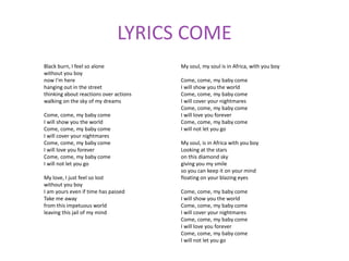 LYRICS COME
Black burn, I feel so alone
without you boy
now I'm here
hanging out in the street
thinking about reactions over actions
walking on the sky of my dreams
Come, come, my baby come
I will show you the world
Come, come, my baby come
I will cover your nightmares
Come, come, my baby come
I will love you forever
Come, come, my baby come
I will not let you go
My love, I just feel so lost
without you boy
I am yours even if time has passed
Take me away
from this impetuous world
leaving this jail of my mind
My soul, my soul is in Africa, with you boy
Come, come, my baby come
I will show you the world
Come, come, my baby come
I will cover your nightmares
Come, come, my baby come
I will love you forever
Come, come, my baby come
I will not let you go
My soul, is in Africa with you boy
Looking at the stars
on this diamond sky
giving you my smile
so you can keep it on your mind
floating on your blazing eyes
Come, come, my baby come
I will show you the world
Come, come, my baby come
I will cover your nightmares
Come, come, my baby come
I will love you forever
Come, come, my baby come
I will not let you go
 