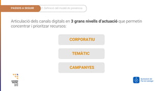 Articulació dels canals digitals en 3 grans nivells d’actuació que permetin
concentrar i prioritzar recursos:
CORPORATIU
TEMÀTIC
CAMPANYES
PASSOS A SEGUIR 2. Definició del model de presència
 