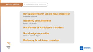6. Pressupost
PASSOS A SEGUIR 5. Implementació del pla d’acció
Nova plataforma On van els meus impostos?
Pressupost municipal
Redisseny Seu Electrònica
Disseny més amable
Plataformes de Participació Ciutadana
Nova imatge corporativa
Introduint l’element digital
Redisseny de la intranet municipal
 