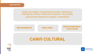 Dades/ Ètica digital / Empoderament ciutadà / Participació /
Intel·ligència artificial / Gestió del coneixement / Nous perfils
professionals/ Eficiència en la gestió / Sostenibilitat
NOUS REPTES
CANVI CULTURAL
NOU DIAGNÒSTIC NOVA VISIÓ
NOVA ESTRATÈGIA I
PLA D’ACCIÓ
 