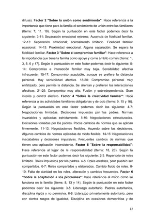 1ER CONGRESO MUNDIAL A DISTANCIA 2011
                      EN ESPAÑOL SOBRE MARC
Circumplejo (cohesión y adaptación) descrito por Olson y colaboradores en
1985. Para la validación del cuestionario en nuestro país se ha realizado un
primer estudio de validez basado en su análisis factorial. A partir de estos datos
se definieron los siguientes 6 factores: Factor 1 "Sobre los hijos": Hace
referencia al papel e importancia que tienen los hijos en el concierto familiar
(Items: 2, 4, 10 y 12). Según la puntuación en este factor podemos decir lo
siguiente: 4-9: Límites generacionales inamovibles (relación impermeable). 10-
13: Límites generacionales claros; hay alguna proximidad entre padres e hijos
(relación permeable). 14-17: Clara separación generacional con proximidad
padres-hijos (relación permeable). 18-20: Falta de límite generacional (relación
difusa). Factor 2 "Sobre la unión como sentimiento": Hace referencia a la
importancia que tiene para la familia el sentimiento de unión entre los familiares
(Items: 7, 11, 19). Según la puntuación en este factor podemos decir lo
siguiente: 3-11: Separación emocional extrema. Ausencia de fidelidad familiar.
12-13: Separación emocional; acercamiento limitado. Fidelidad familiar
ocasional. 14-15: Proximidad emocional. Alguna separación. Se espera la
fidelidad familiar. Factor 3 "Sobre el compromiso familiar": Hace referencia a
la importancia que tiene la familia como apoyo y como ámbito común (Items: 1,
3, 5, 6 y 17). Según la puntuación en este factor podemos decir lo siguiente: 5-
14: Compromiso e interacción familiar muy baja. Sensibilidad afectiva
infrecuente. 15-17: Compromiso aceptable, aunque se prefiere la distancia
personal. Hay sensibilidad afectiva. 18-20: Compromiso personal muy
enfatizado, pero permite la distancia. Se alientan y prefieren las interacciones
afectivas. 21-25: Compromiso muy alto. Fusión y sobredependencia. Gran
interés y control afectivo. Factor 4 "Sobre la creatividad familiar": Hace
referencia a las actividades familiares obligatorias y de ocio (Items: 9, 15 y 16).
Según la puntuación en este factor podemos decir los siguiente: 4-7:
Negociaciones limitadas. Decisiones impuestas por los padres. Normas
invariables y aplicadas estrictamente. 8-10: Negociaciones estructuradas.
Decisiones tomadas por los padres. Pocos cambios de normas que se aplican
firmemente. 11-13: Negociaciones flexibles. Acuerdo sobre las decisiones.
Algunos cambios de normas aplicadas de modo flexible. 14-15: Negociaciones



                                                                                12
 