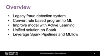 Overview
• Legacy fraud detection system
• Convert rule based program to ML
• Improve model with Active Learning
• Unified...